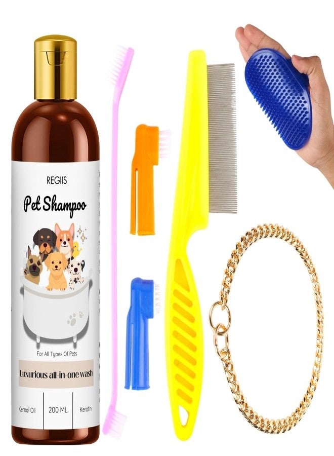 REGIIS Pet Shampoo Set with Grooming Tools, 200 ML Dog Wash Kit with Brushes, Comb, Finger Brush, Chain Collar, Luxurious All-in-One Formula with Kernal Oil and Keratin(5 Pack) - Image 1